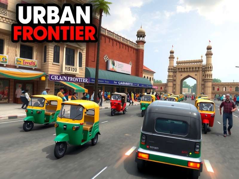 Urban Frontier Game Cover featuring Indian cityscape